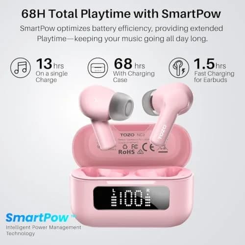 TOZO NC3 Hybrid Active Noise Cancelling Wireless Earbuds | 68H Playtime, IPX8 Waterproof, Bluetooth 5.3, Custom EQ, Clear Calls thumbnail 4