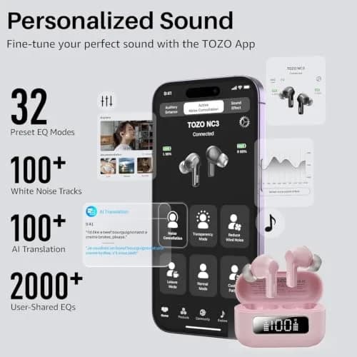 TOZO NC3 Hybrid Active Noise Cancelling Wireless Earbuds | 68H Playtime, IPX8 Waterproof, Bluetooth 5.3, Custom EQ, Clear Calls thumbnail 6