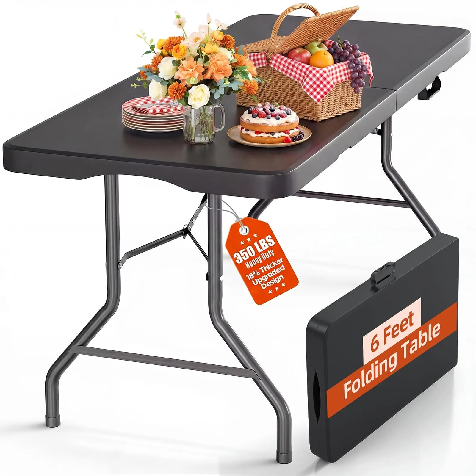 LUCKPRO 6ft Folding Table Heavy Duty 350LBS Thicker Non-Slip Top Black | Indoor Outdoor Stable Surface
