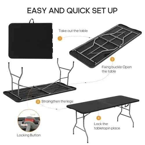 LUCKPRO 6ft Folding Table Heavy Duty 350LBS Thicker Non-Slip Top Black | Indoor Outdoor Stable Surface thumbnail 8