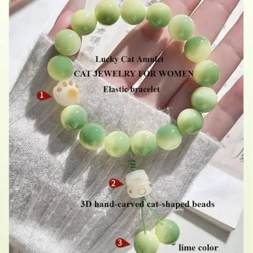 SIXAOAZZ Lucky Cat Bracelet for Women, Feng Shui Wealth Protection Bracelet with Blue Crystal & Ceramic Cat Charm, Adjustable (Green) | Good Luck Jewelry thumbnail 4