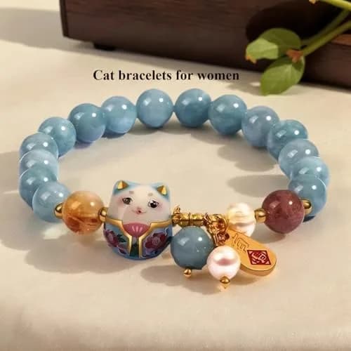 SIXAOAZZ Lucky Cat Bracelet for Women, Feng Shui Wealth Protection Bracelet with Blue Crystal & Ceramic Cat Charm, Adjustable Maneki Neko Good Luck Jewelry Gift thumbnail 4
