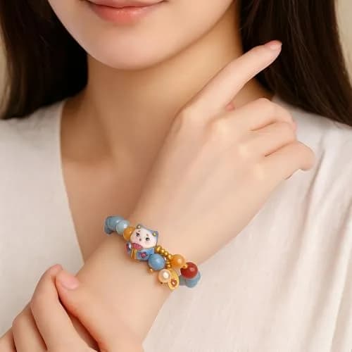 SIXAOAZZ Lucky Cat Bracelet for Women, Feng Shui Wealth Protection Bracelet with Blue Crystal & Ceramic Cat Charm, Adjustable Maneki Neko Good Luck Jewelry Gift thumbnail 5