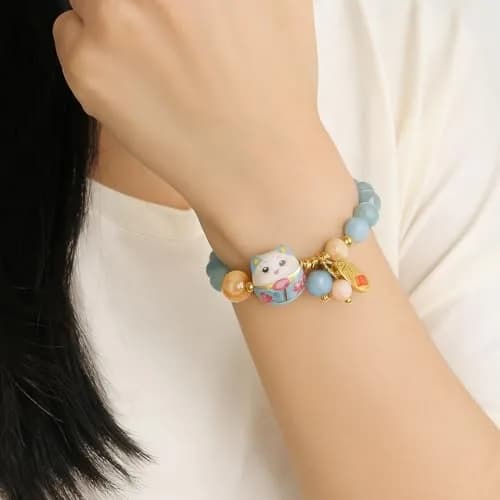 SIXAOAZZ Lucky Cat Bracelet for Women, Feng Shui Wealth Protection Bracelet with Blue Crystal & Ceramic Cat Charm, Adjustable Maneki Neko Good Luck Jewelry Gift thumbnail 6