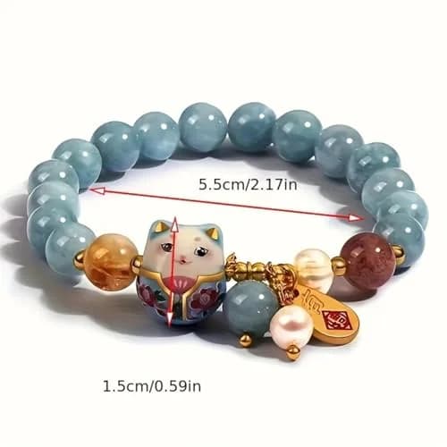 SIXAOAZZ Lucky Cat Bracelet for Women, Feng Shui Wealth Protection Bracelet with Blue Crystal & Ceramic Cat Charm, Adjustable Maneki Neko Good Luck Jewelry Gift thumbnail 2