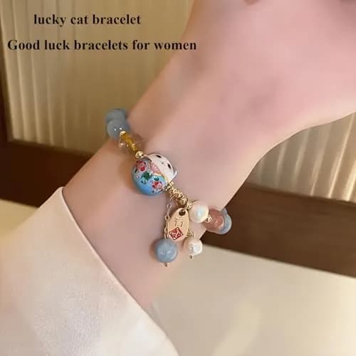 SIXAOAZZ Lucky Cat Bracelet for Women, Feng Shui Wealth Protection Bracelet with Blue Crystal & Ceramic Cat Charm, Adjustable Maneki Neko Good Luck Jewelry Gift thumbnail 3