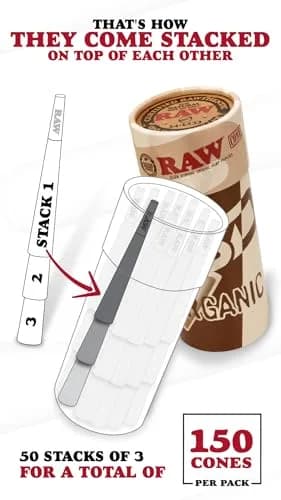 RAW Organic 1-1/4 Size Pre-Rolled Cones 150 Pack | Slow-Burning Chlorine-Free Rolling Papers with Tips thumbnail 2