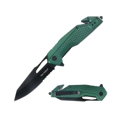 Tac-Force Tactical Folding Knife, 8 Inch Overall Length, 3.25 Inch Satin Blade, Green Aluminum Handle, Glass Breaker, Rescue, Hunting, Camping, EDC thumbnail 1
