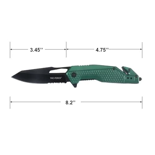 Tac-Force Tactical Folding Knife, 8 Inch Overall Length, 3.25 Inch Satin Blade, Green Aluminum Handle, Glass Breaker, Rescue, Hunting, Camping, EDC thumbnail 4