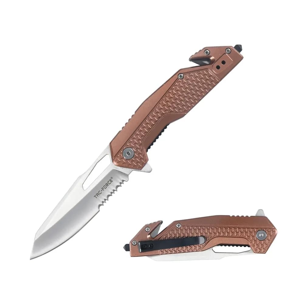 Tac-Force Tactical Folding Knife 8 Inch Overall Length 3.25 Inch Satin Blade Brown Aluminum Handle Rescue Camping - main product image