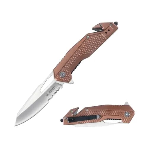 Tac-Force Tactical Folding Knife 8 Inch Overall Length 3.25 Inch Satin Blade Brown Aluminum Handle Rescue Camping thumbnail 1
