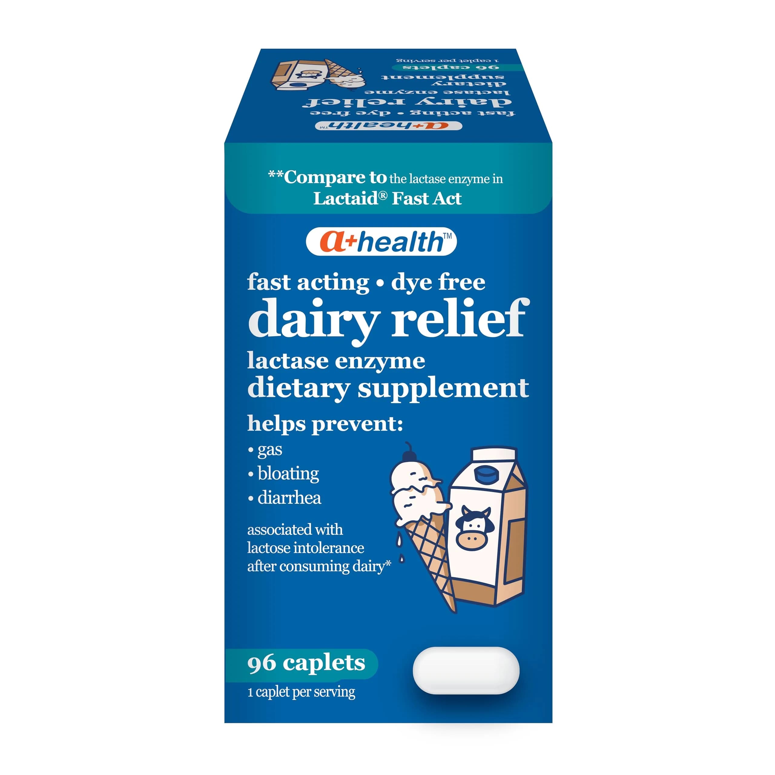 A+Health Dairy Relief Lactase Enzyme 9000 FCC | Fast-Acting Lactose Digestion Aid for Adults & Children 4+ — White
