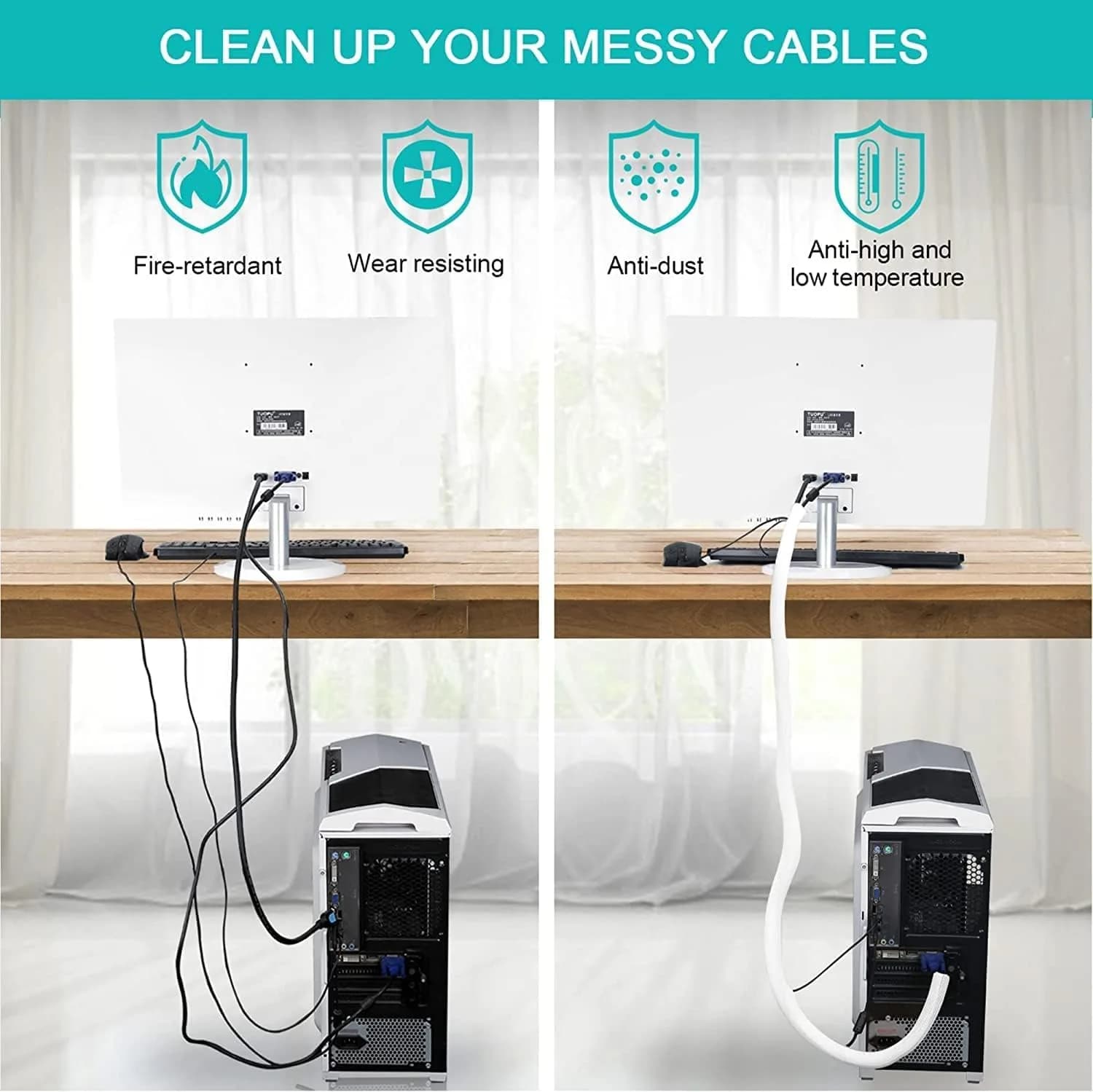 ZhiYo Gold Cable Sleeve 2.03m (6.6ft) | Organizes 4-8 Cables for Desk, PC, TV - view 3