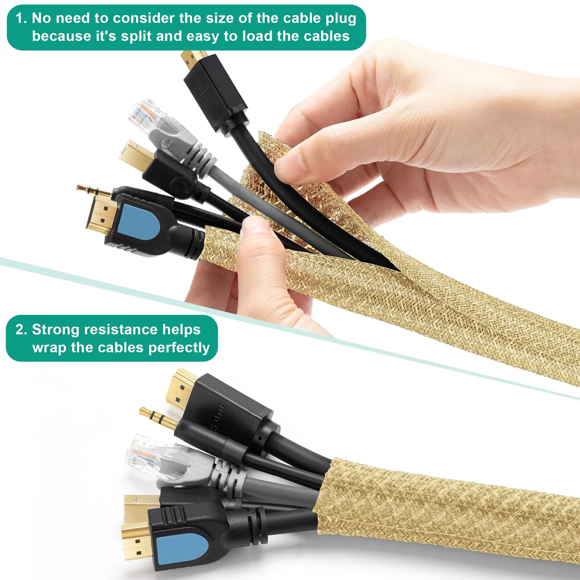 ZhiYo Gold Cable Sleeve 1.27 cm (1/2 inch) | Braided Wire Protector for Desk PC TV Computer - view 2