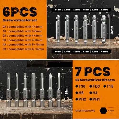 THOSAF Damaged Screw Extractor Set,13 Pcs, High-Speed Steel, Rust Removal, Gift for Men & Adults, 25 units thumbnail 2