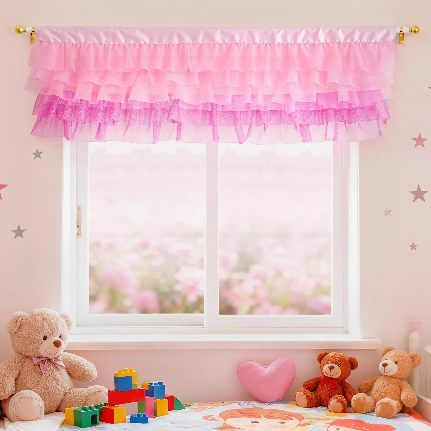 Besutolife Pink Valance Curtains for Girls 52x16 Inch | Sparkle Tulle for Nursery & Kids Room — Pink 2pcs