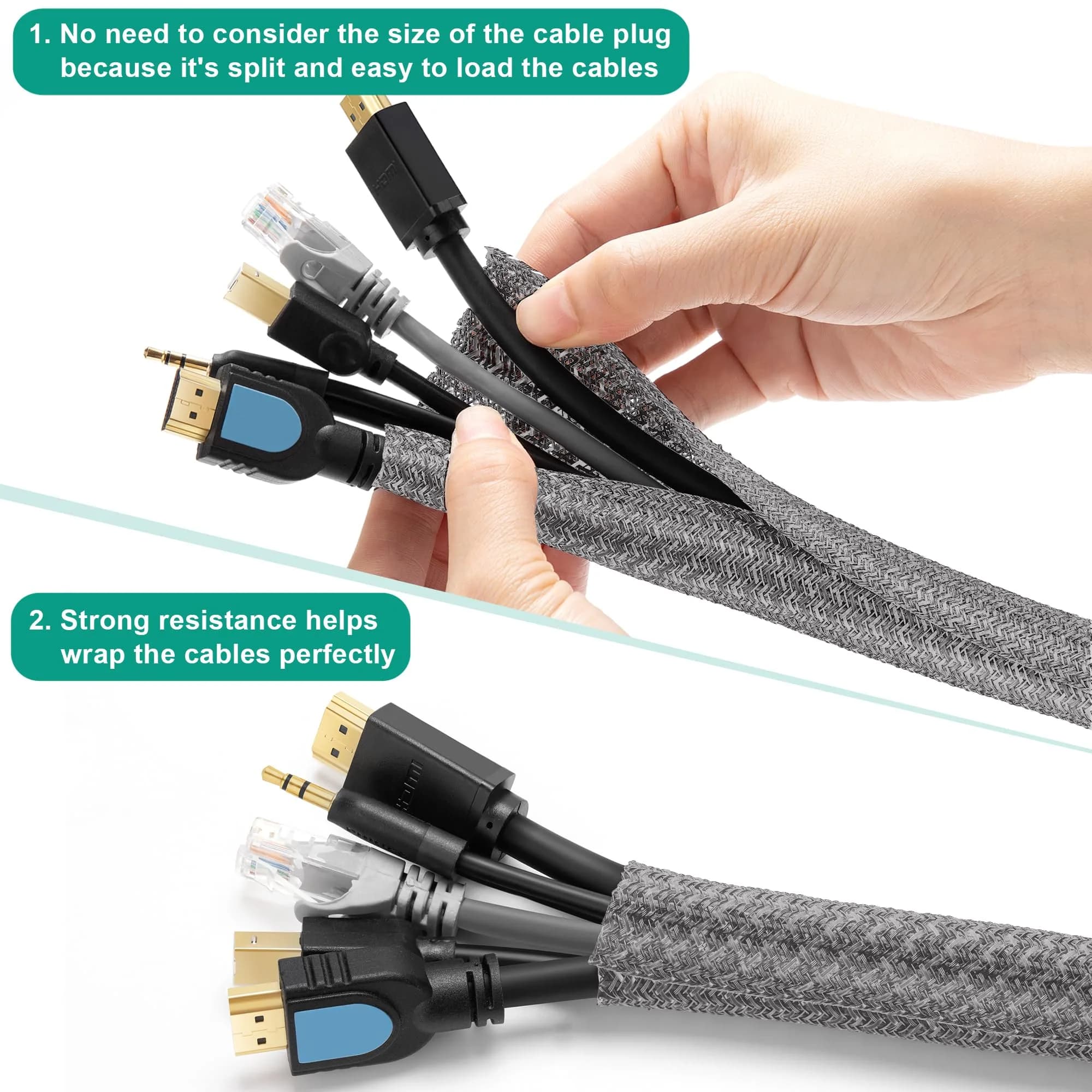 ZhiYo Grey Cable Sleeve 2m (6.6ft) 1.27cm (0.5 inch) | Keeps Wires Tidy & Protected - view 2