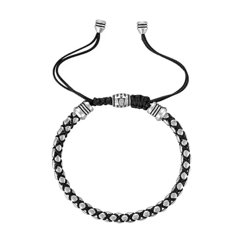 Bulova Men's Jewelry Polished Silver-Tone Stainless Steel Bracelet | Rounded Box Chain Link with Black Cords thumbnail 1