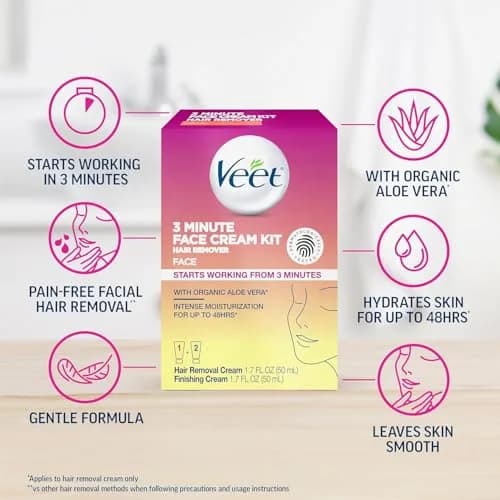 Veet Facial Hair Removal Cream for Women 3 Min | Organic Aloe Vera, 2 Piece thumbnail 3