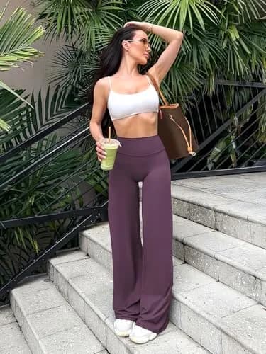 YEOREO Womens Straight Leggings 33" Inseam Yoga Pants Black Berry Purple M | High Waisted Sweat-Wicking thumbnail 3