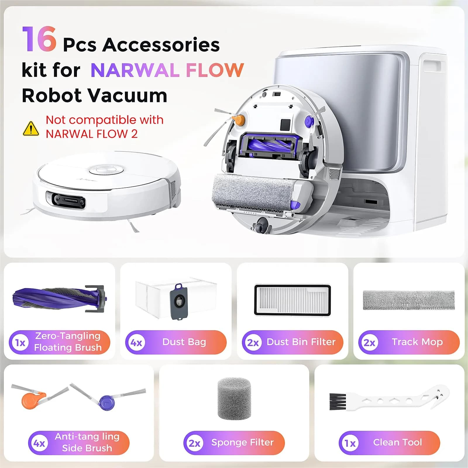 BTRSOLUS 16 Pcs Accessories Kit for NARWAL FLOW Robot Vacuum | Zero-Tangling Floating Brush, Dust Bags, Filters, Mops, Side Brushes, Sponge Filters, Clean Tool - view 2