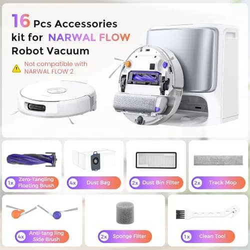 BTRSOLUS 16 Pcs Accessories Kit for NARWAL FLOW Robot Vacuum | Zero-Tangling Floating Brush, Dust Bags, Filters, Mops, Side Brushes, Sponge Filters, Clean Tool thumbnail 2