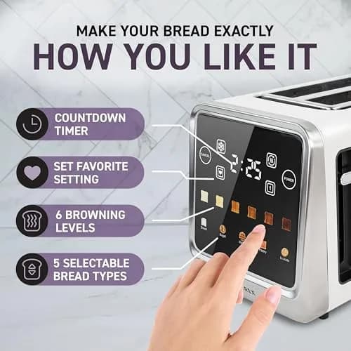 Nostalgia Inspirex Touch Screen Toaster - 2 Extra Wide Slots | 5 Bread Types & 6 Browning Levels thumbnail 5
