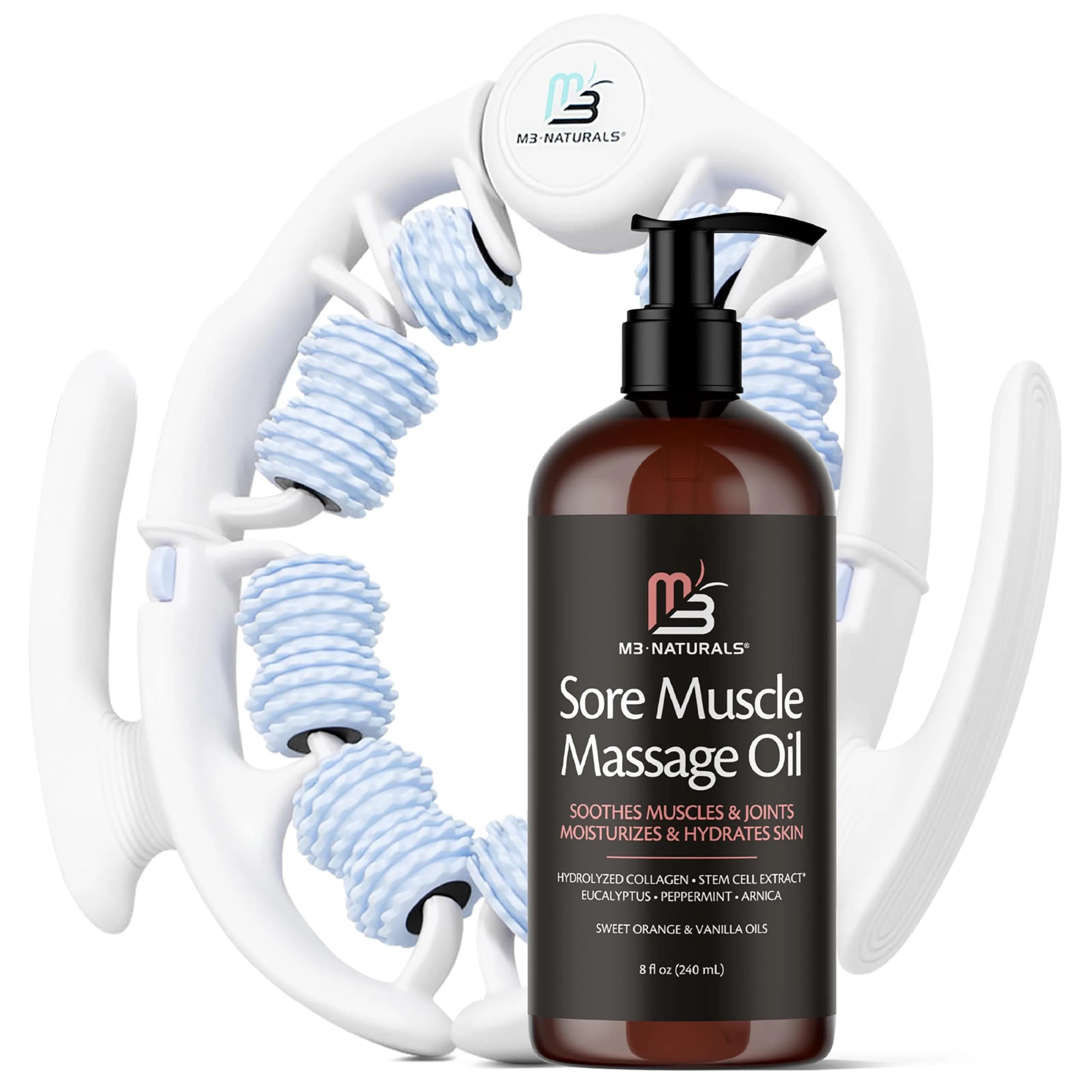 M3 Naturals Arnica Massage Oil & Roller Kit | FDA Approved Skin Care Agent for Muscle Recovery & Lymphatic Drainage 235ml (8 fl oz) - main product image