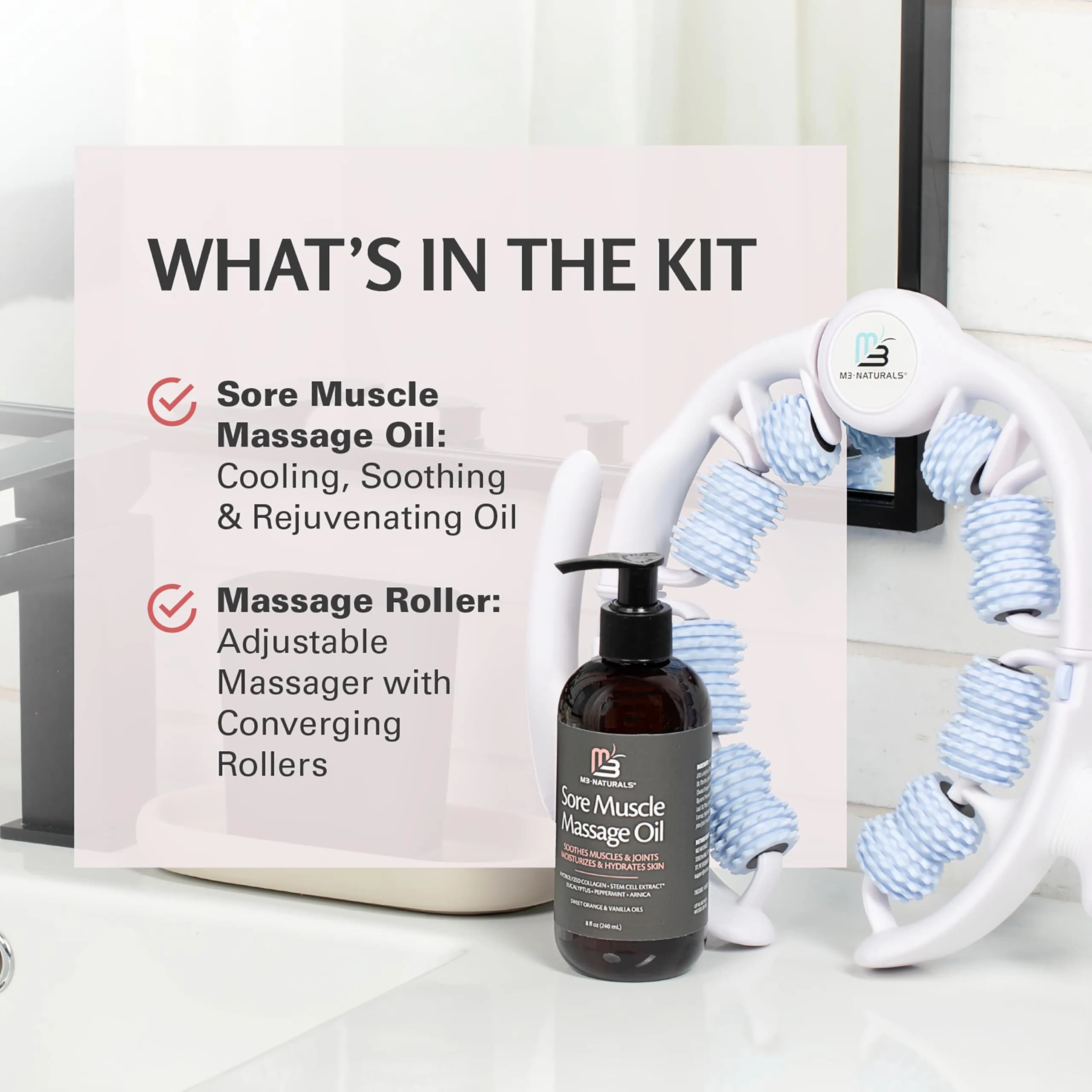 M3 Naturals Sore Muscle Massage Oil & Lymphatic Drainage Massager Kit 240ml (8 fl oz) | FDA Approved & Doctor Recommended - view 2