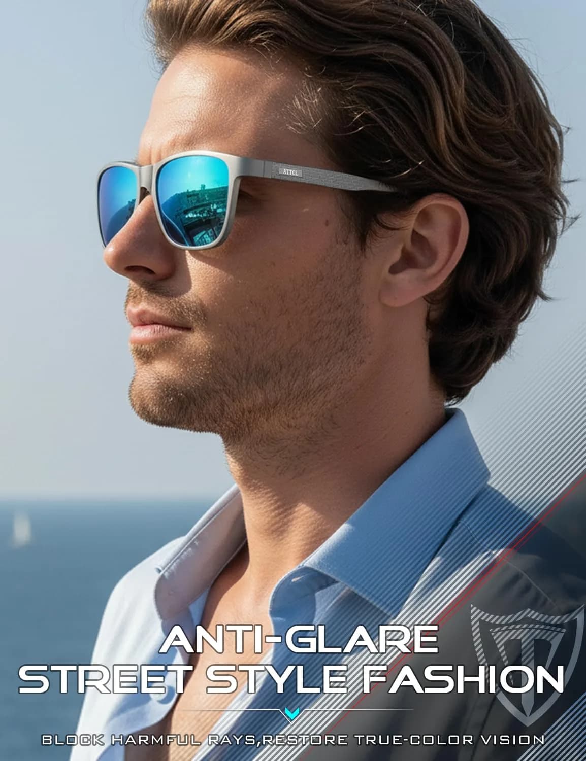 ATTCL Polarized Sunglasses Men Silver-Blue Mirrored Lenses, Al-Mg Metal Ultralight UV400 - view 3