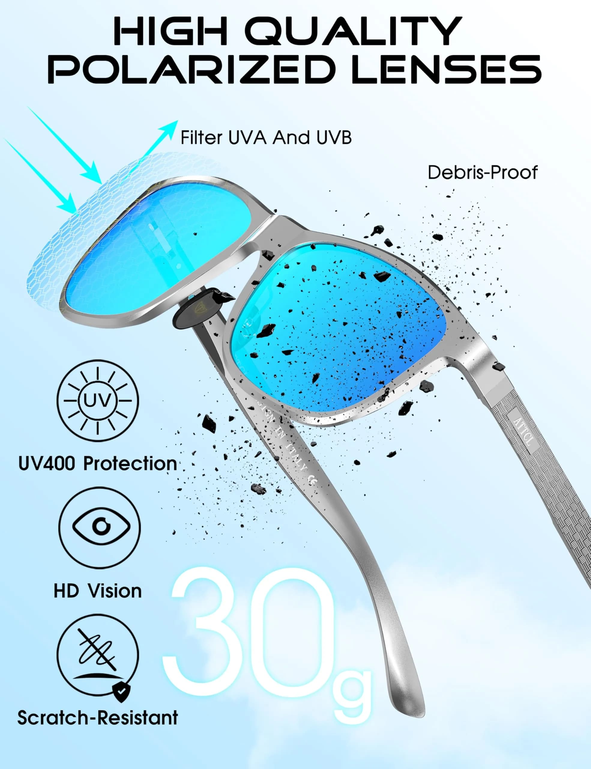ATTCL Polarized Sunglasses Men Silver-Blue Mirrored Lenses, Al-Mg Metal Ultralight UV400 - view 4