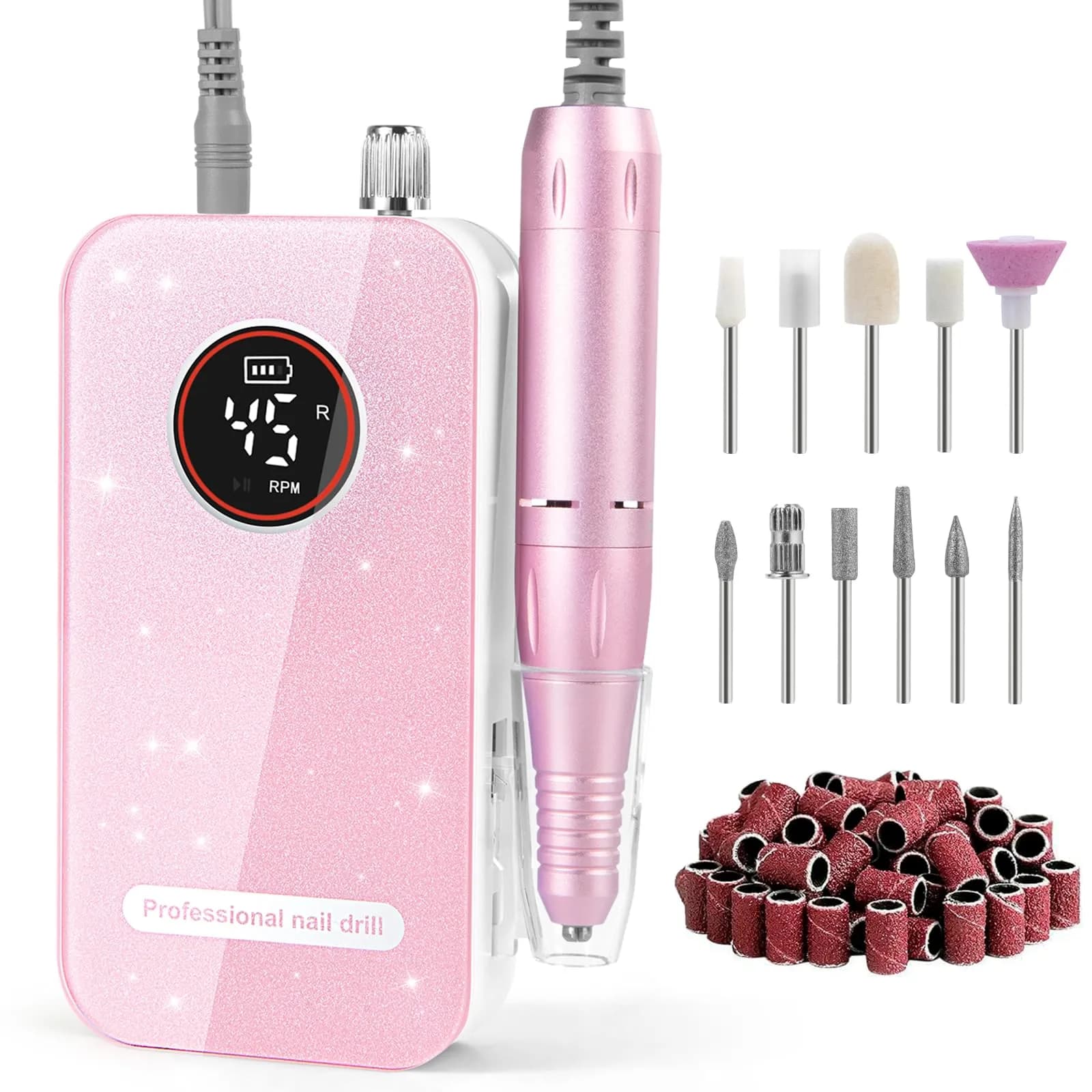 HQMPHQ Professional Nail Drill 45000RPM Purple | High-Speed Electric Nail File for Acrylic Gel Nails — Pink