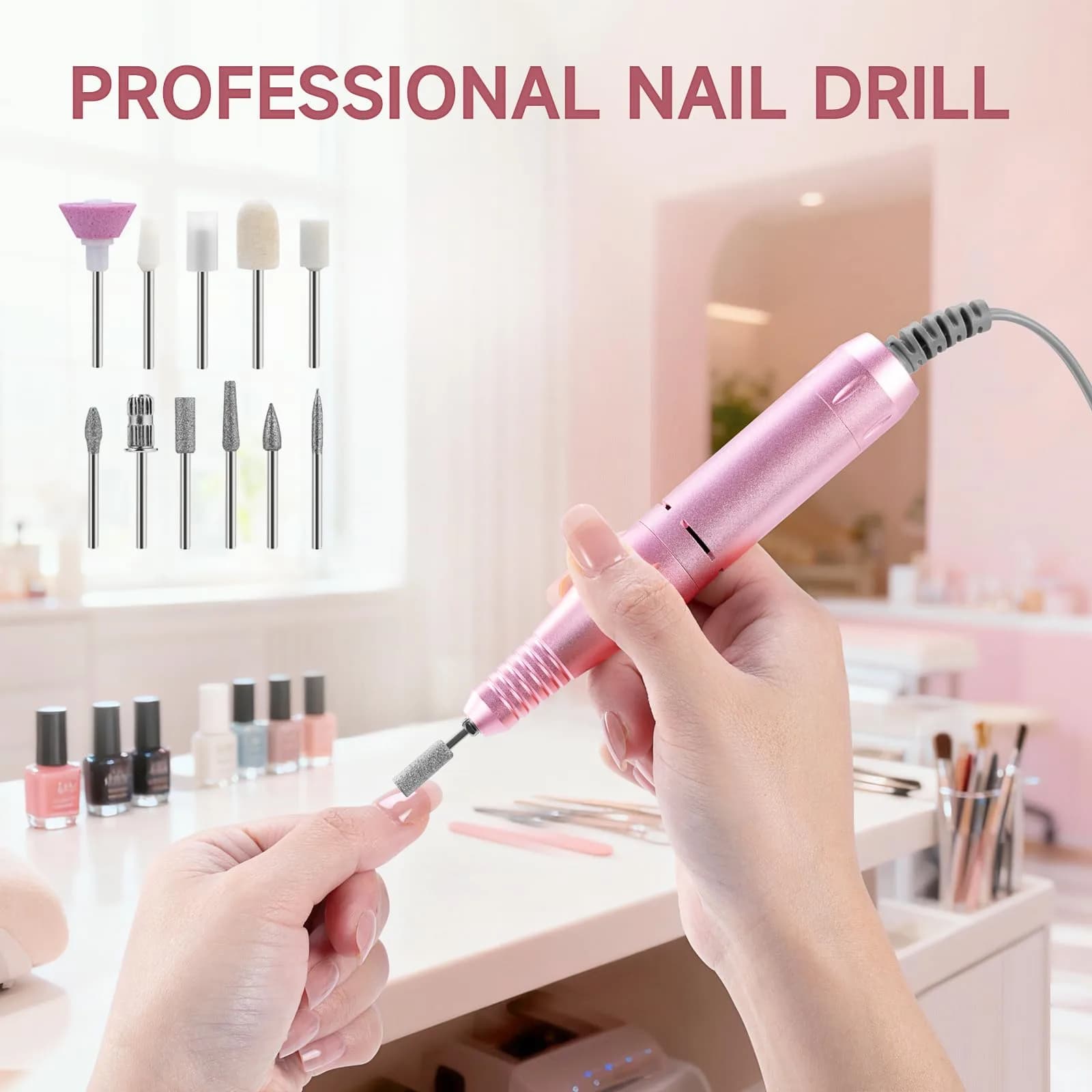 HQMPHQ Pink Professional Nail Drill Electric File 45000RPM | Low Noise & Rechargeable for Acrylic Gel Nails - view 5