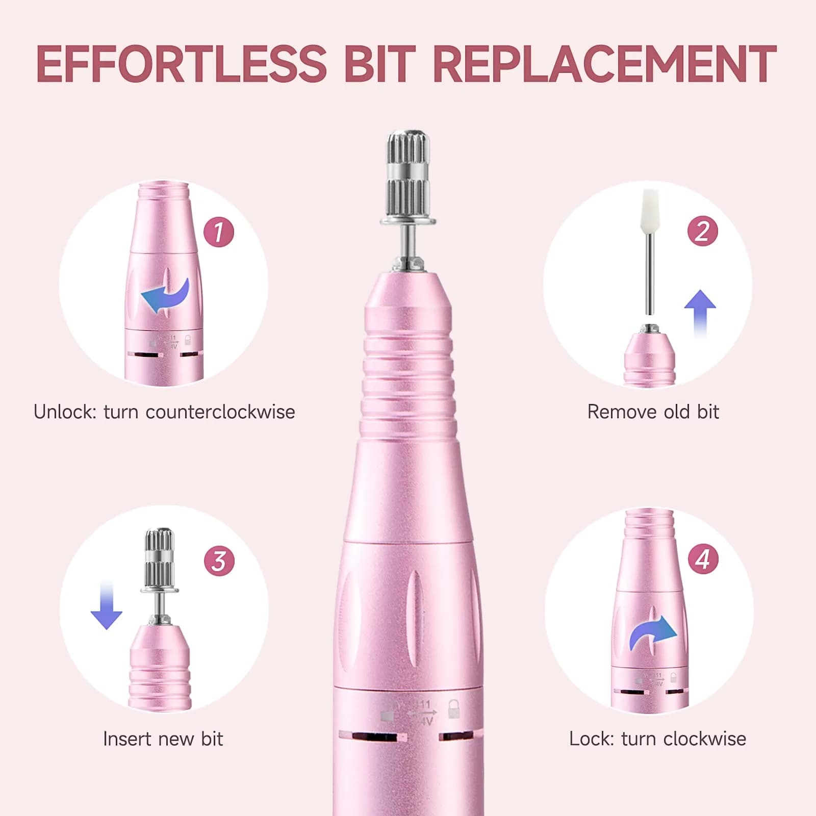 HQMPHQ Pink Professional Nail Drill Electric File 45000RPM | Low Noise & Rechargeable for Acrylic Gel Nails - view 6