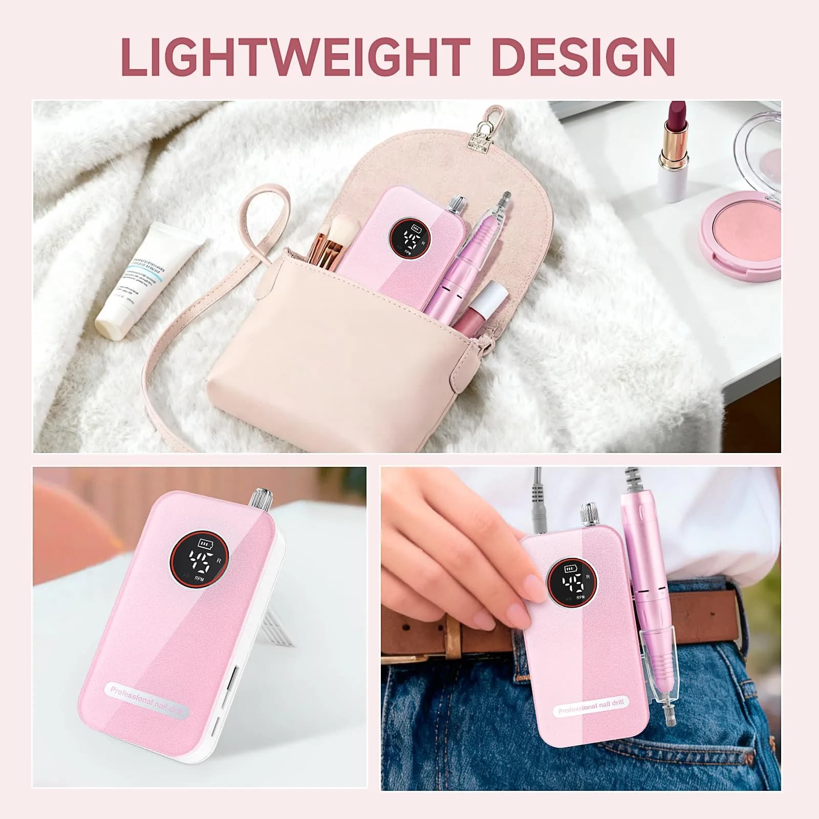HQMPHQ Pink Professional Nail Drill Electric File 45000RPM | Low Noise & Rechargeable for Acrylic Gel Nails - view 8