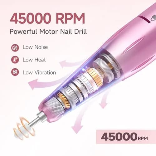 HQMPHQ Pink Professional Nail Drill Electric File 45000RPM | Low Noise & Rechargeable for Acrylic Gel Nails thumbnail 2