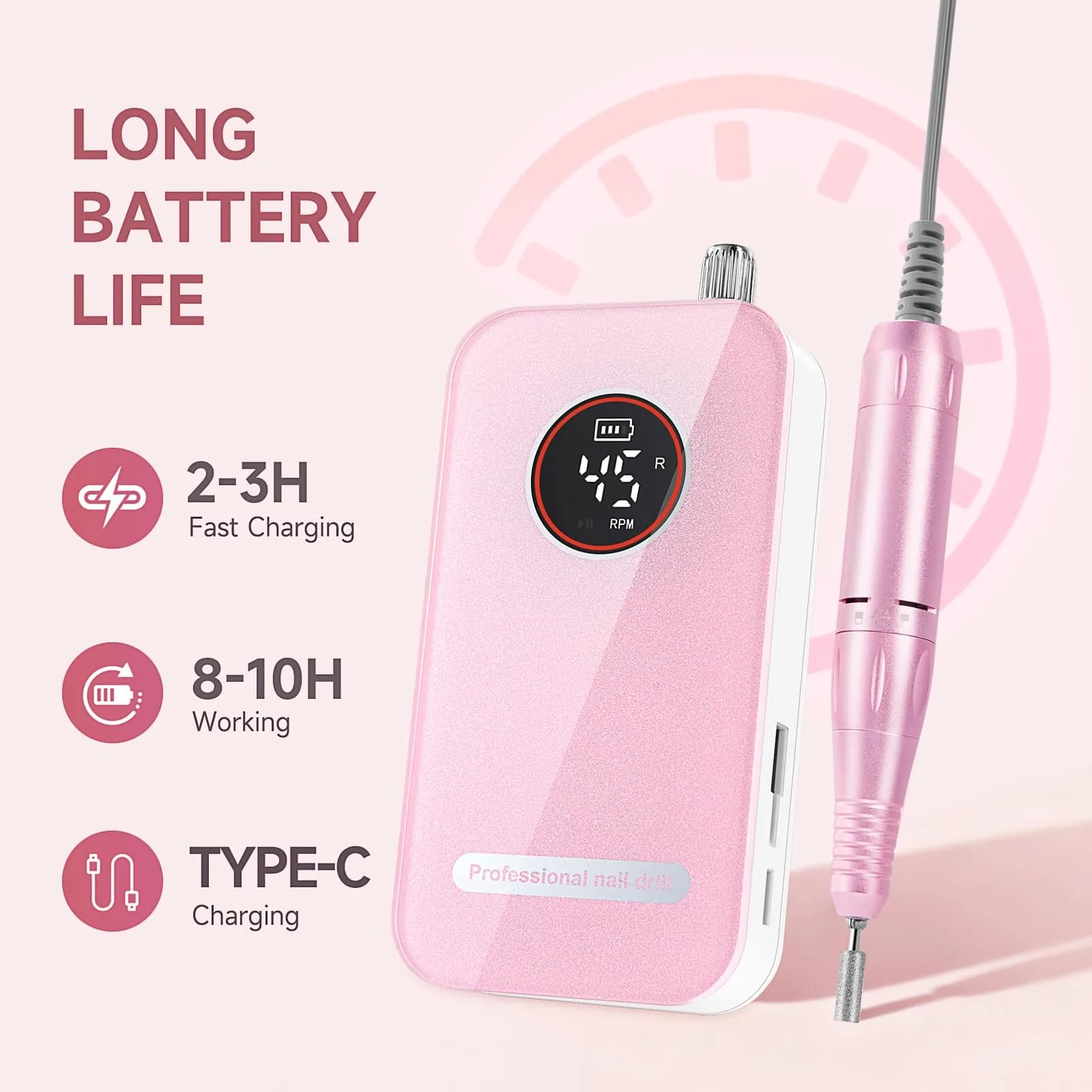 HQMPHQ Professional Nail Drill 45000RPM Pink | High-Speed Electric Nail File for Acrylic Gel Nails - view 3