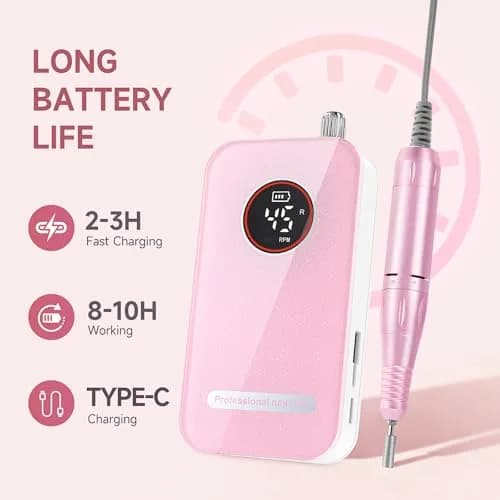 HQMPHQ Pink Professional Nail Drill Electric File 45000RPM | Low Noise & Rechargeable for Acrylic Gel Nails thumbnail 3