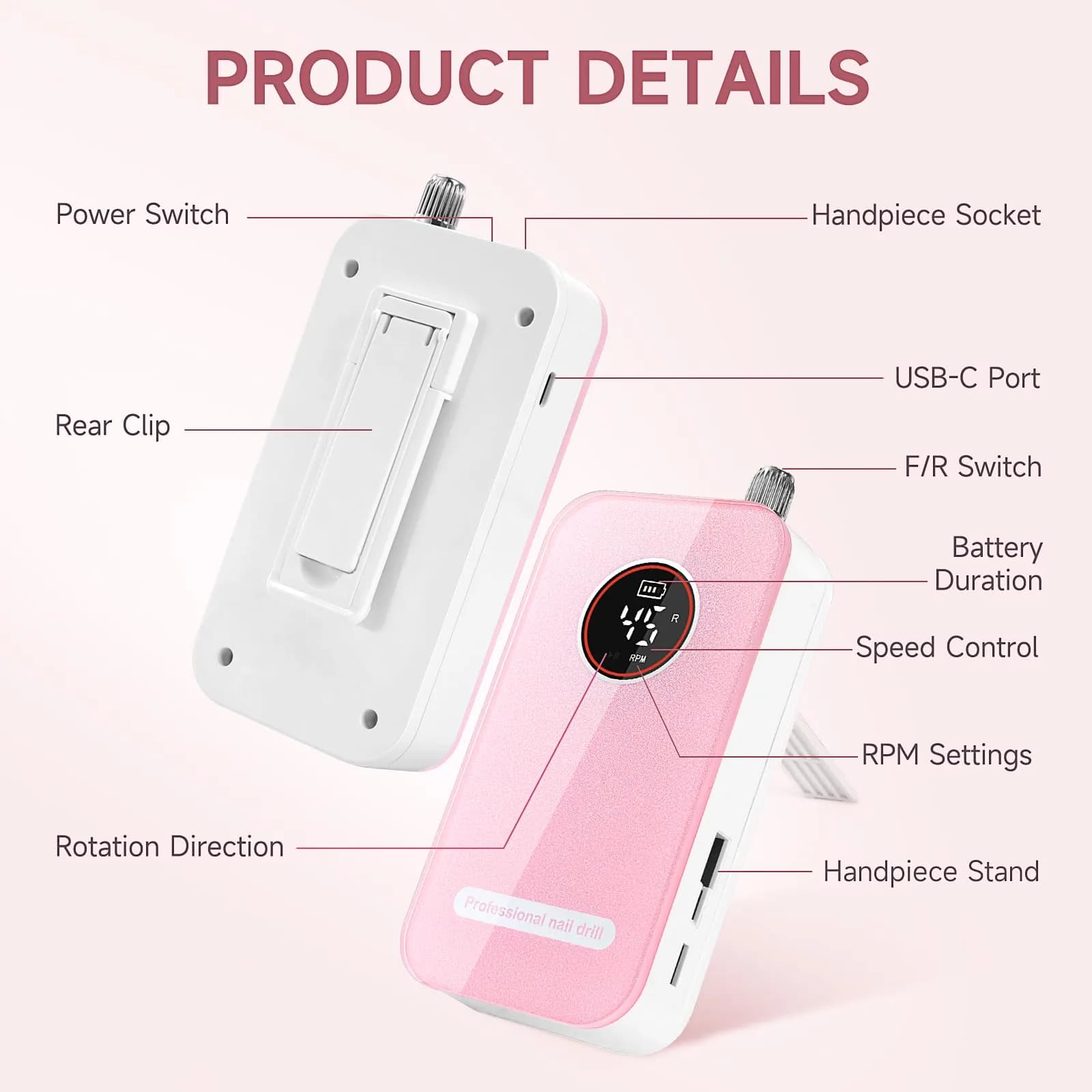 HQMPHQ Professional Nail Drill 45000RPM Pink | High-Speed Electric Nail File for Acrylic Gel Nails - view 4
