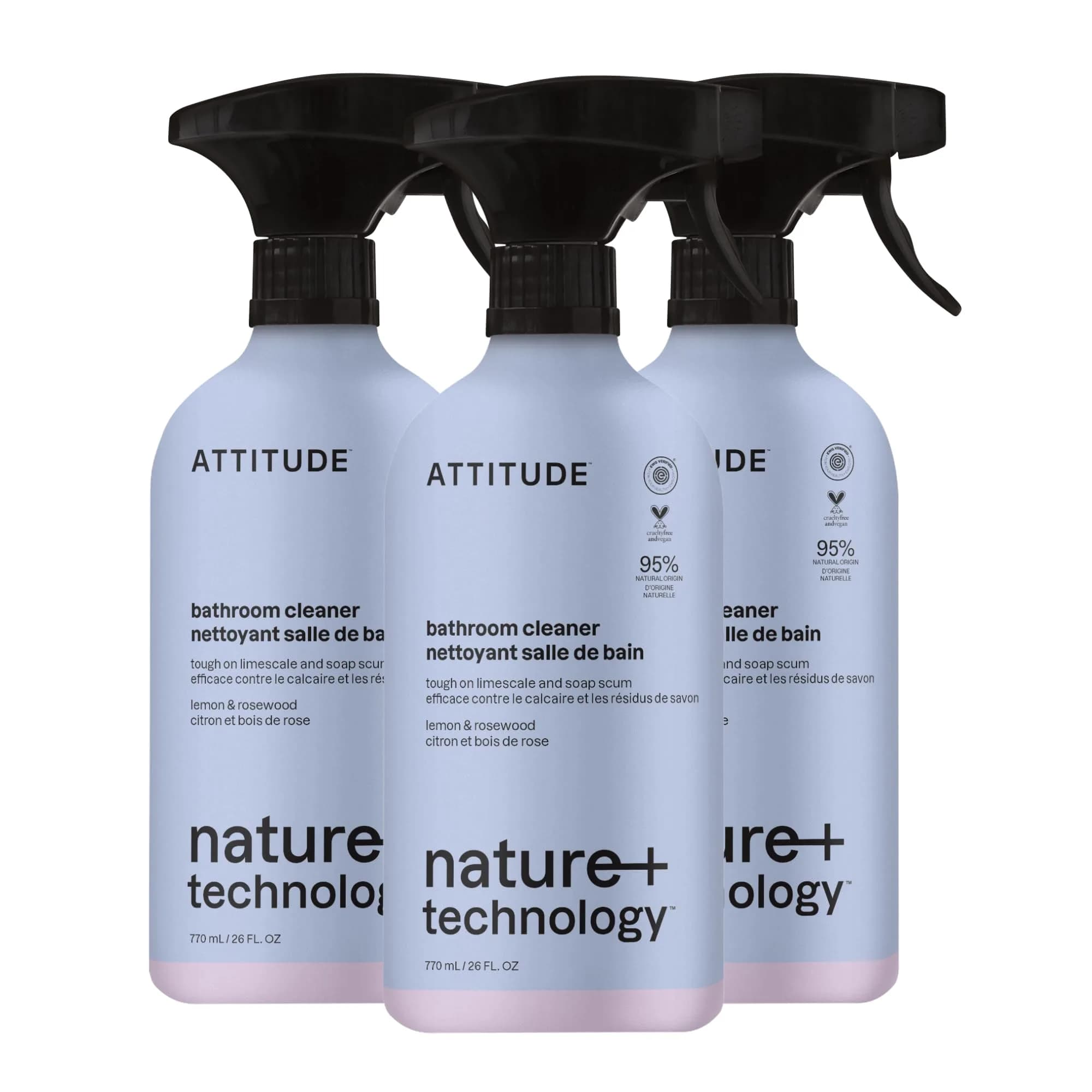 ATTITUDE Bathroom Cleaner Spray, Natural Origin Ingredients, EWG Verified, Lemon & Rosewood, 26 Fl Oz (Pack of 3) | Streak-Free Shine - main product image