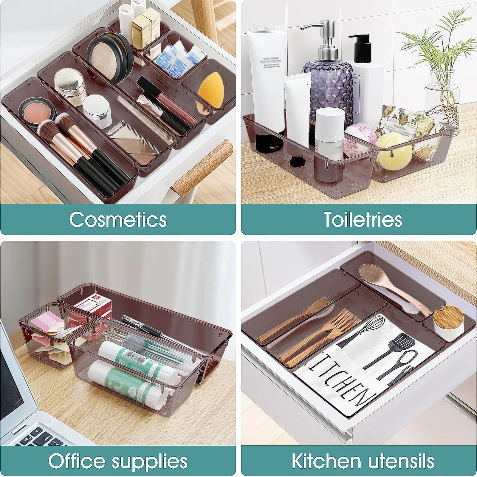 WOWBOX 25 Piece Plastic Drawer Organizer Set in Brown - Versatile Storage Caddy for Students - view 5