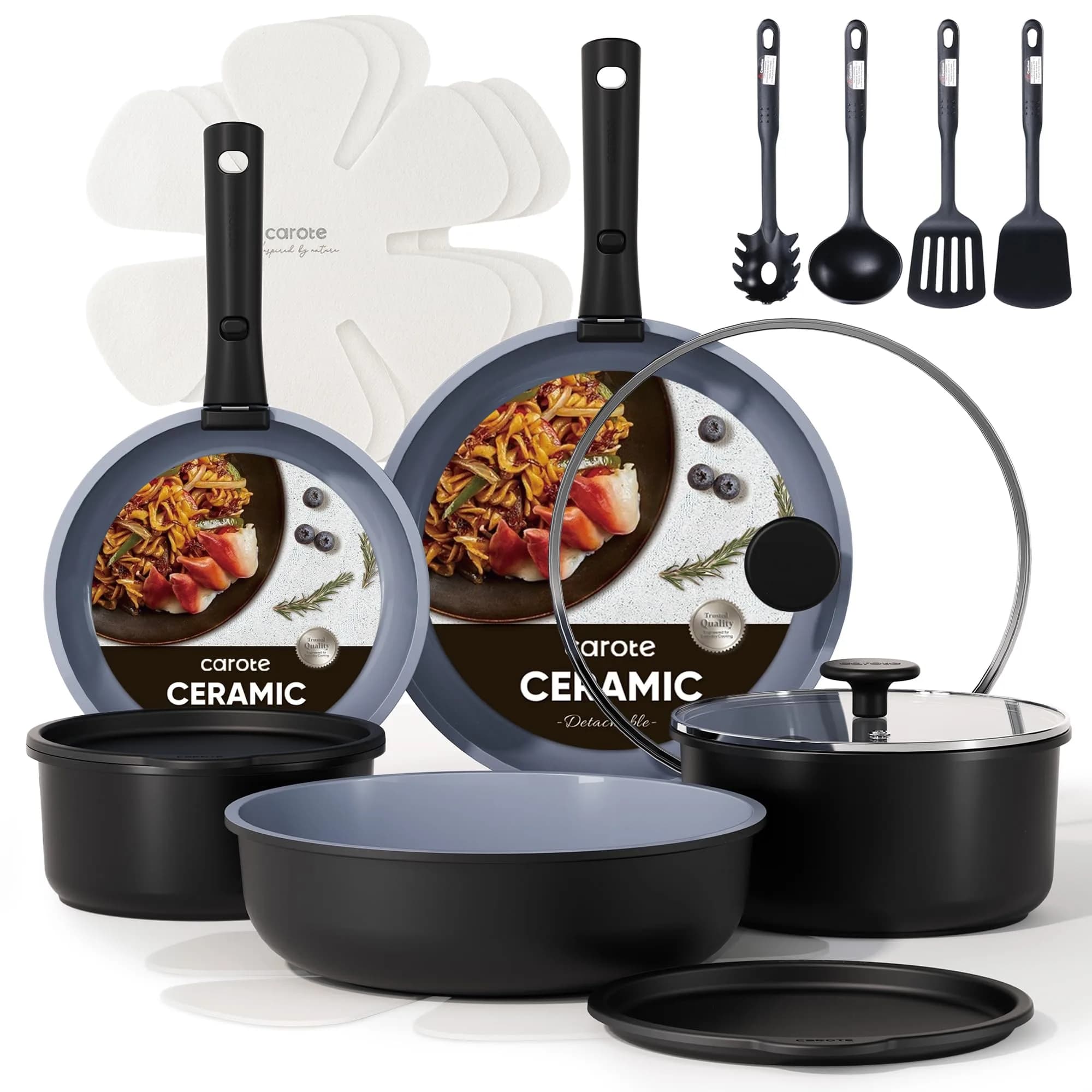 CAROTE 19pcs Ceramic Cookware Set Detachable Handle | Non Stick, Healthy Cooking, Space Saving