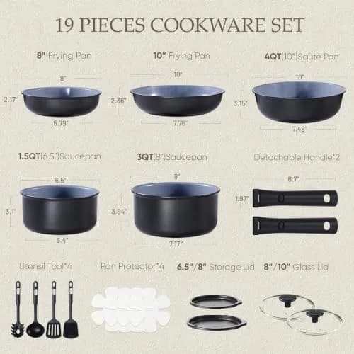 CAROTE 19pcs Ceramic Cookware Set Detachable Handle | Non Stick, Healthy Cooking, Space Saving thumbnail 2