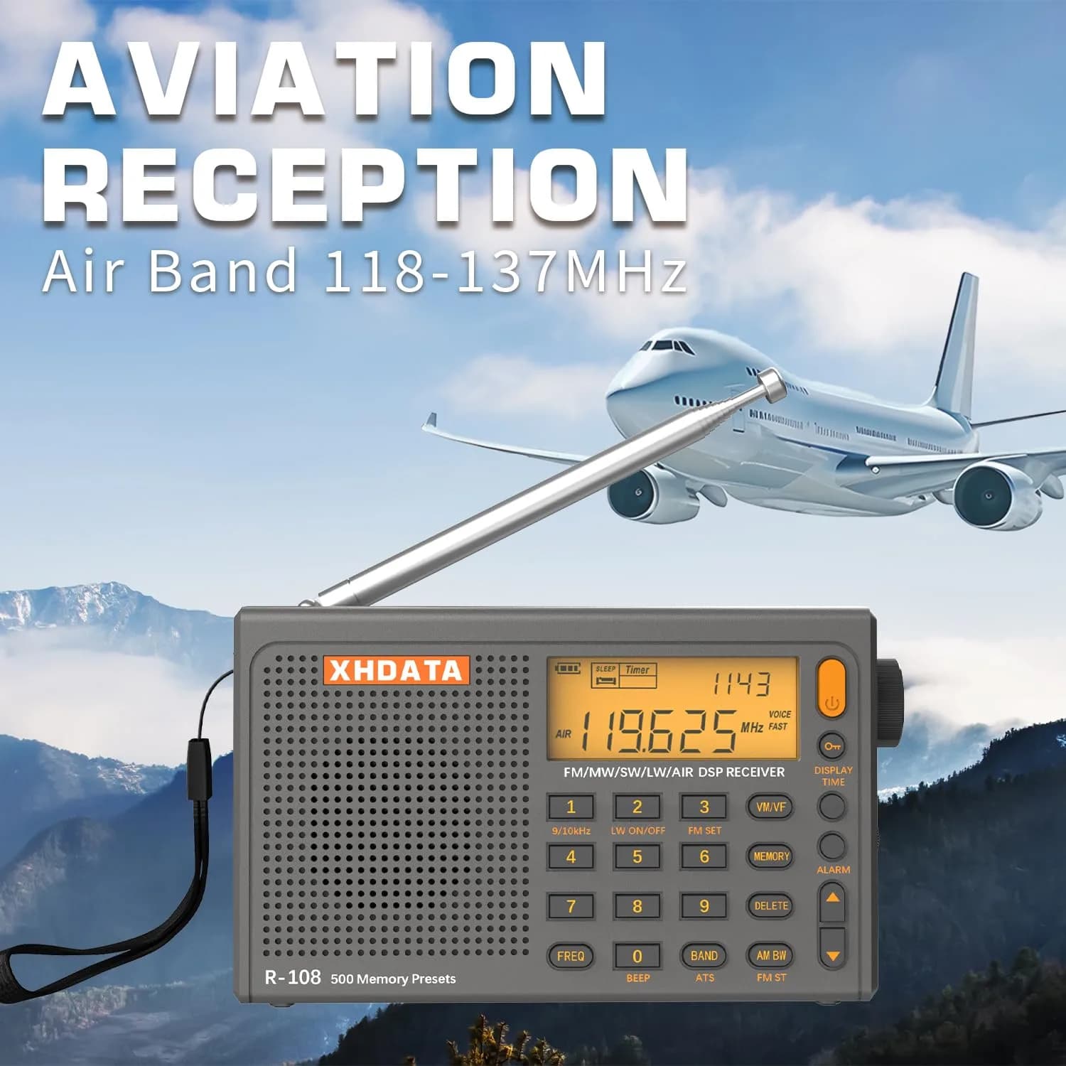 XHDATA R108 Portable Radio AM/FM/SW/LW/Airband Shortwave Receiver 12.7cm (5in) | DSP Chip for Clear Reception - view 5