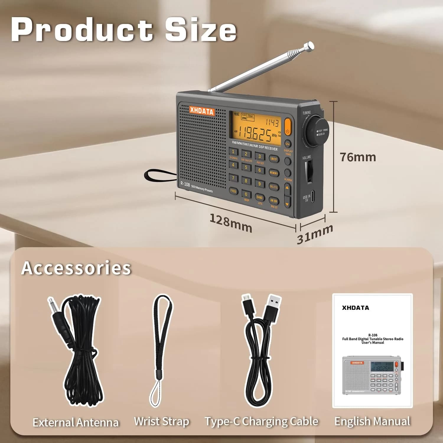 XHDATA R108 Portable Radio AM/FM/SW/LW/Airband Shortwave Receiver 12.7cm (5in) | DSP Chip for Clear Reception - view 6