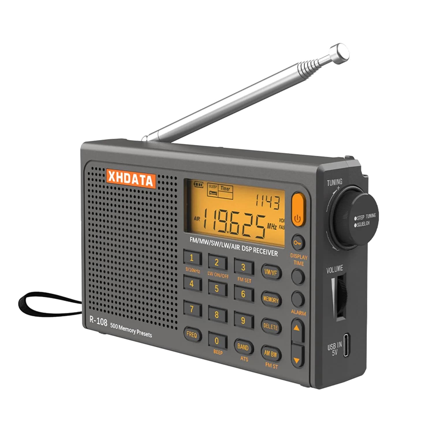 XHDATA R108 Grey Portable AM/FM/SW/LW/Airband Shortwave Radio with DSP Chip & 500 Memories - main product image