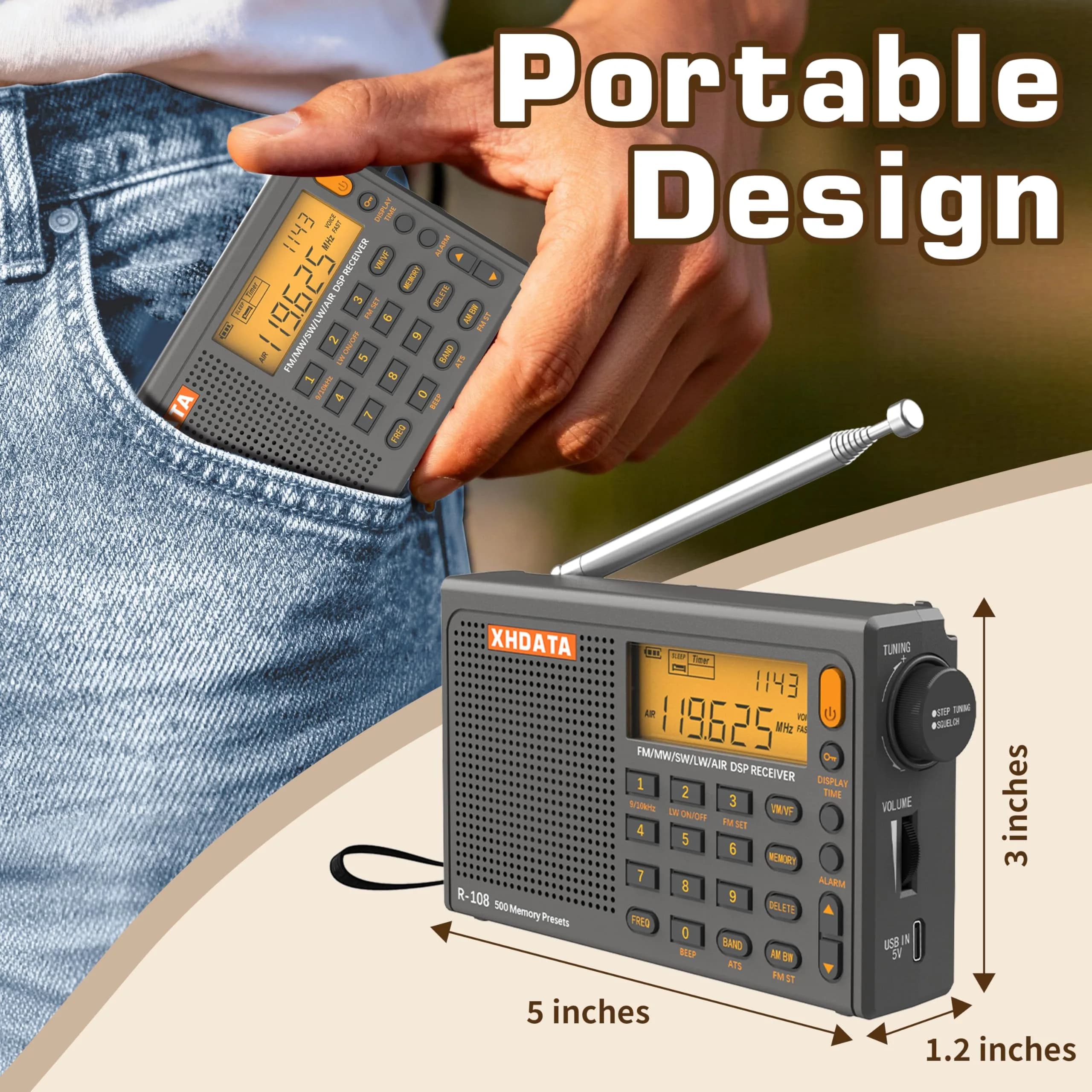 XHDATA R108 Portable Radio AM/FM/SW/LW/Airband Shortwave Receiver 12.7cm (5in) | DSP Chip for Clear Reception - view 2
