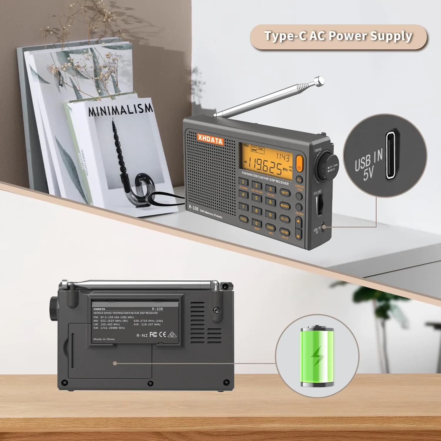 XHDATA R108 Portable Radio AM/FM/SW/LW/Airband Shortwave Receiver 12.7cm (5in) | DSP Chip for Clear Reception - view 4