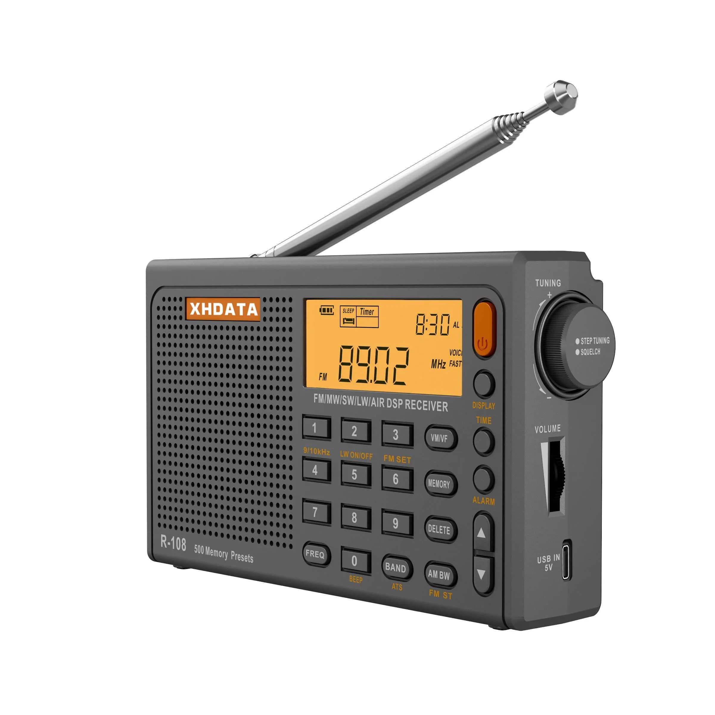 XHDATA R108 Portable Radio AM/FM/SW/LW/Airband Receiver | DSP Chip, 500 Memories, Type-C USB — Grey