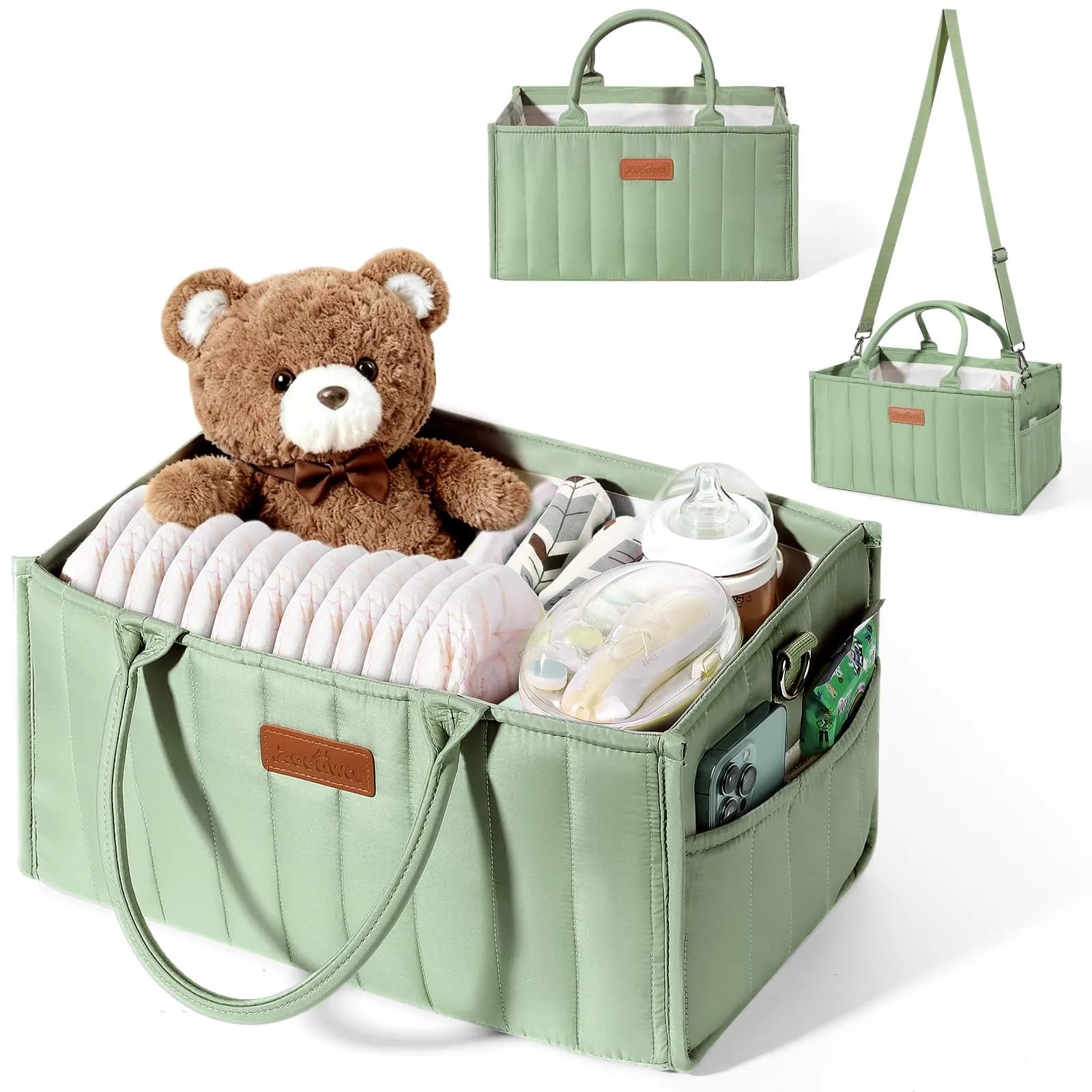 Zooawa Baby Diaper Caddy Organizer, Portable Nursery Storage Basket with Compartments, Handle & Shoulder Strap in Matcha Green — Matcha Green
